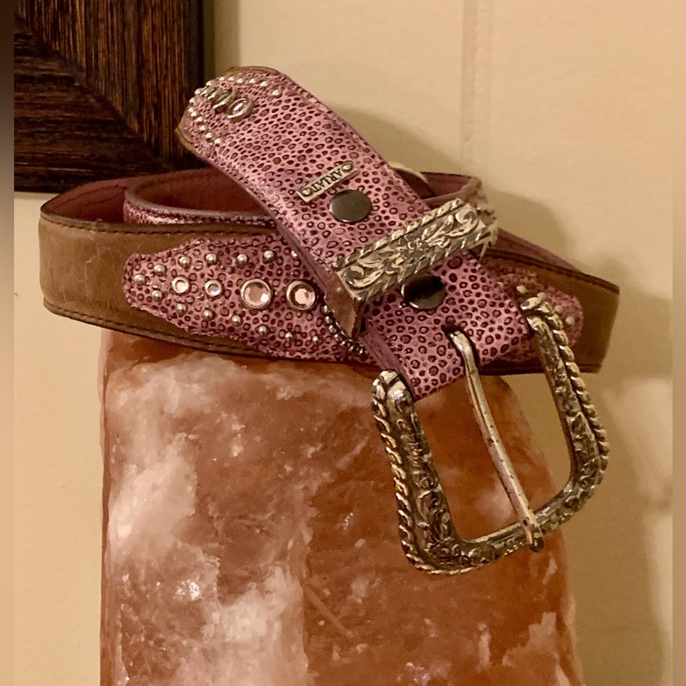 Ariat Full Grain Leather Ladies Western Belt 32/80 Tan/ Pink with Rhinestones.
